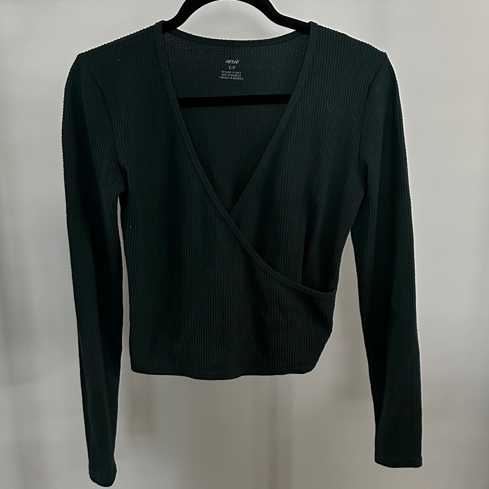 Aerie Dark Green Ribbed Long Sleeve Top